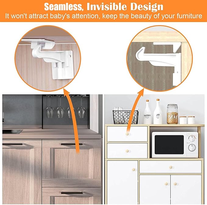 4 Pack Upgraded Version Cabinet Locks Baby Proofing, Children Proof Cupboard Drawers Latches, No Drilling or Tools Required for Installation, Works with Cabinets & Drawers, Adhesive Easy Installation