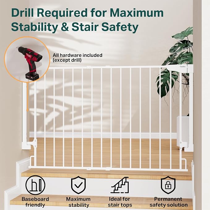 Cumbor Expandable 31.6-48" Baby Gate for Stairs, Hardware Mounted, 2-in-1 No Bottom Bar Dog Gate Indoor, Auto Close Pet Gate for Doorways with Large Walk Thru Door, Child-Proof Gate for Kids (White)