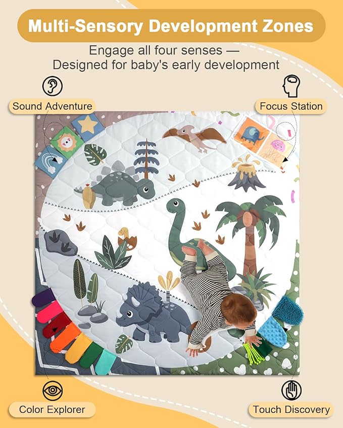 TINYHARBO Premium Foam Baby Play Mat 50x50, 4 Developmental Zones Play Mat with Removable & Machine Washable Cover, Extra Thick Padding Playpen Mat, Easy to Clean for Infants, Toddlers & Babies