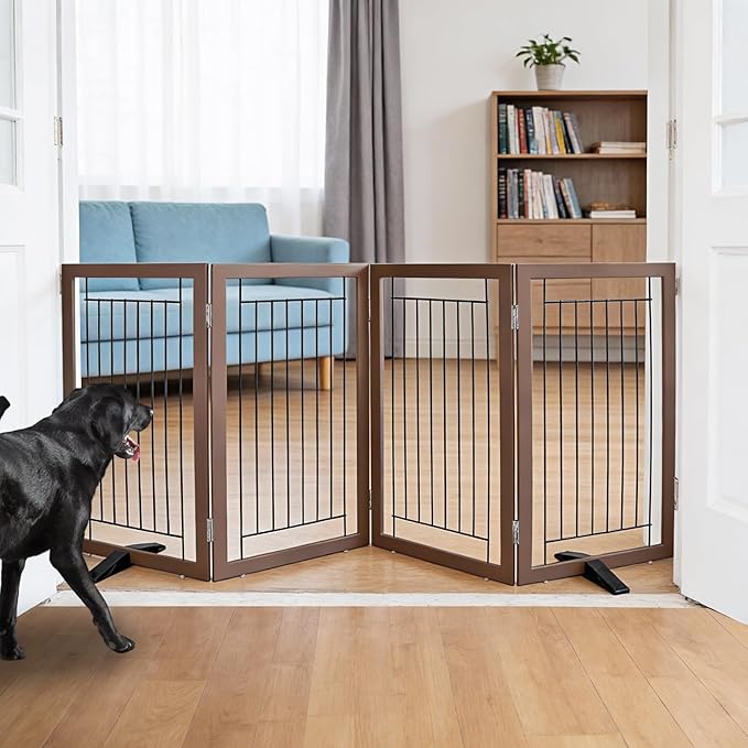 Dog Fence Indoor - 4-Panel Freestanding Dog Gate for Doorways, Hallways, House or Stairs -80x32-Inch Retractable Foldable Expandable Wood Pet by SFJC (Brown)