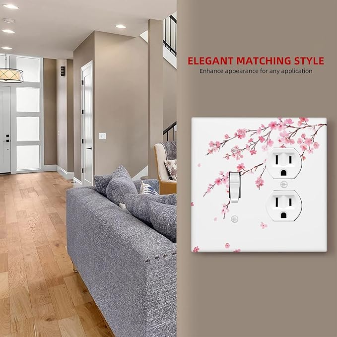 Watercolor Cherry Blossoms Flowers Pink Floral Wallplates 1 Toggle 1 Duplex Switch Plate Electrical GFCI Faceplate Decorative Light Switch Covers for Bedroom Living Room Decor