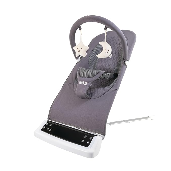 Nuby Deluxe Baby Bouncer Seat - Portable Infant Bouncer with Music, Fun Sounds, and Soothing Vibrations - Digital Display - 0-6 Months - Gray