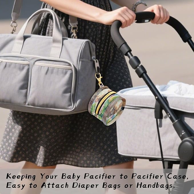 Pacifier Holder with Clip Pacifier Case for Diaper Bag Round Baby Pacifier Pouch Box Bag Portable Watercolor Easter Bunny Clover