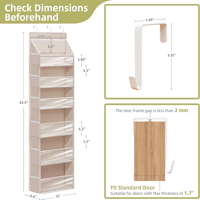 Over Door Organizer with 6 Extra Large Pockets 12 Side Pockets, Sturdy Closet Storage Rack, Hanging Storage Organizer with Clear Window for Shoes, Diaper, Bedroom, Bathroom, Beige, 3-Pack