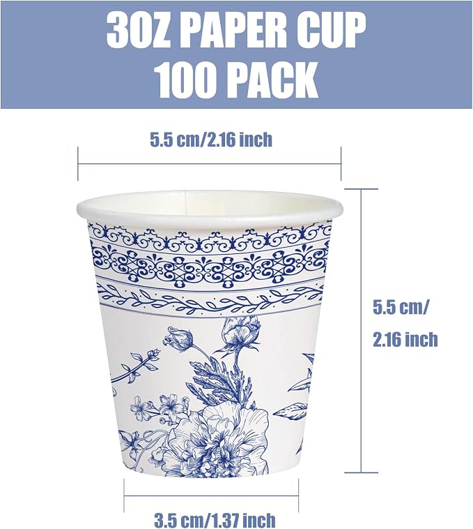 WRAPAHOLIC 3oz Paper Cups - 100 Pack Disposable Bathroom Cups with Sketch Blue Floral Design, Small Mouthwash Cup for Toothbrush Rinse, Home Bathroom, Picnic, BBQ, Travel and Party