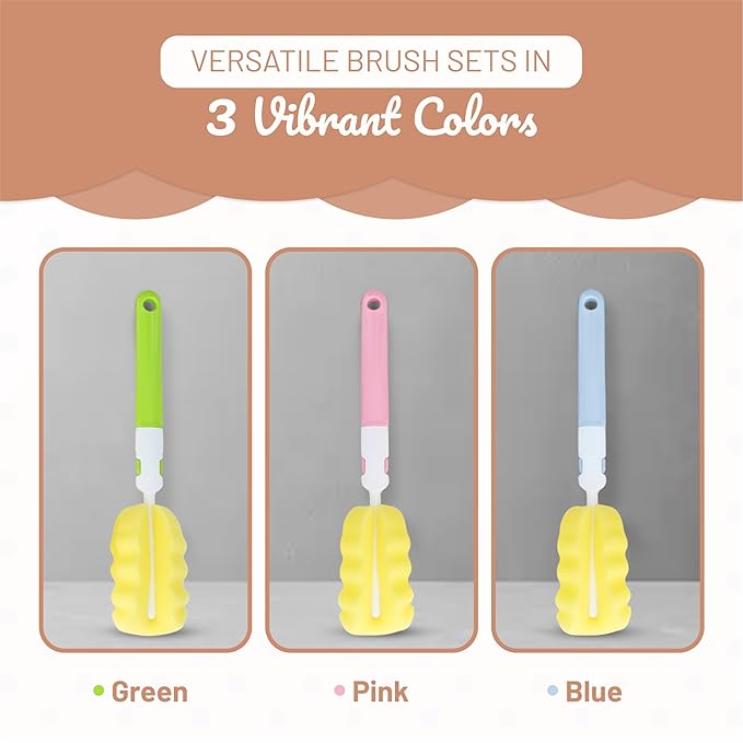 MoomooBaby Triple Baby Bottle Cleaner Brush Set - Includes Baby Bottle Brush Cleaner, Nipple Brush & Straw Cleaning Brush - Eco-Conscious Plastic Handle with Non-Slip Grip, Replaceable Sponges - Blue