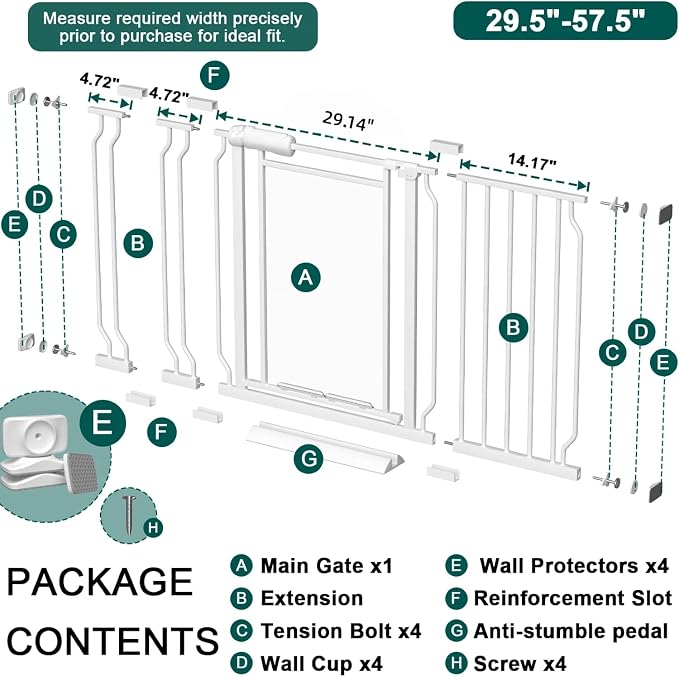 Triple Lock Clear Acrylic Baby Gate 29.5"-57.5, Extra Wide Auto Close Dog Gate for Doorways, Pressure Mount Indoor Child Safety Barrier for Toddlers and Pets, White