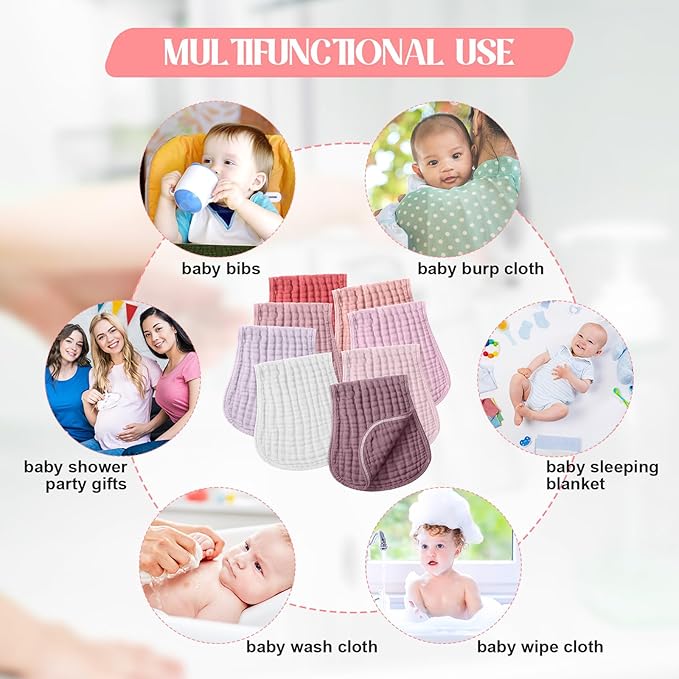 Frienda 8-Pack Muslin Burp Cloths for Baby Girl, 20''x 10" Large Absorbent Cotton Burp Rags, 6-Layer Soft Pink Washcloths for Spit up Drool, Newborn Must-Haves Essential, Baby Shower Registry Gifts