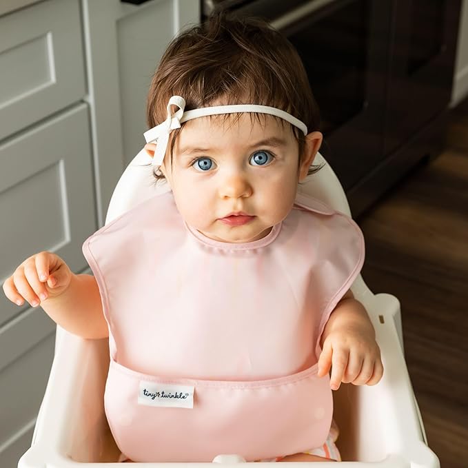 Tiny Twinkle Mess-Proof Baby Bib - Waterproof Bib for Baby Boy or Girl - Machine Washable, Adjustable Closure - PVC, BPA & Phthalate Free - Great for Travel - Baby Food Bibs (5 Pack, Girl Solids)