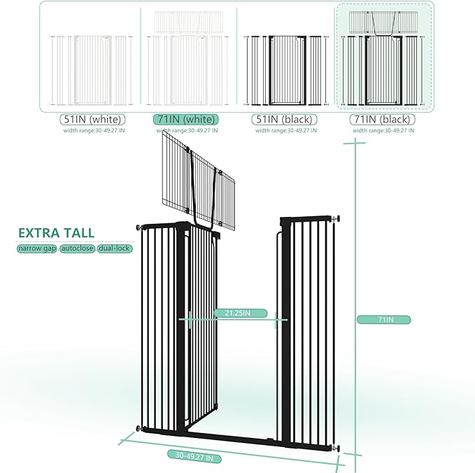 Jiprlak51 Extra Tall Cat Gate for Doorway ??30"-49.27" Extra Wide Pet Gate with Adjustable Cat Door Wide,Auto Close, Pressure Mounted, Pet Gate for Cats & Small Dogs, Hallway, Stairs, Kitchen