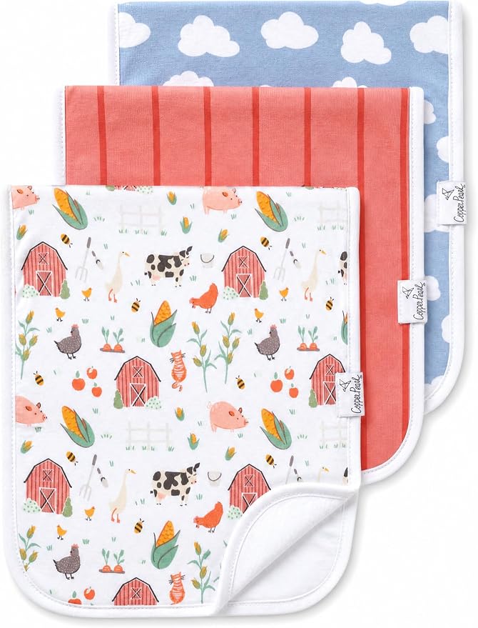 Copper Pearl Premium Baby Burp Cloths - 3-Pack Large Cotton Burp Cloths, Extra Soft Spit Up Rags with 3 Absorbent Layers, Perfect for Baby Boy and Baby Girl Gifts (21" x 10" Size, Farmstead Set)