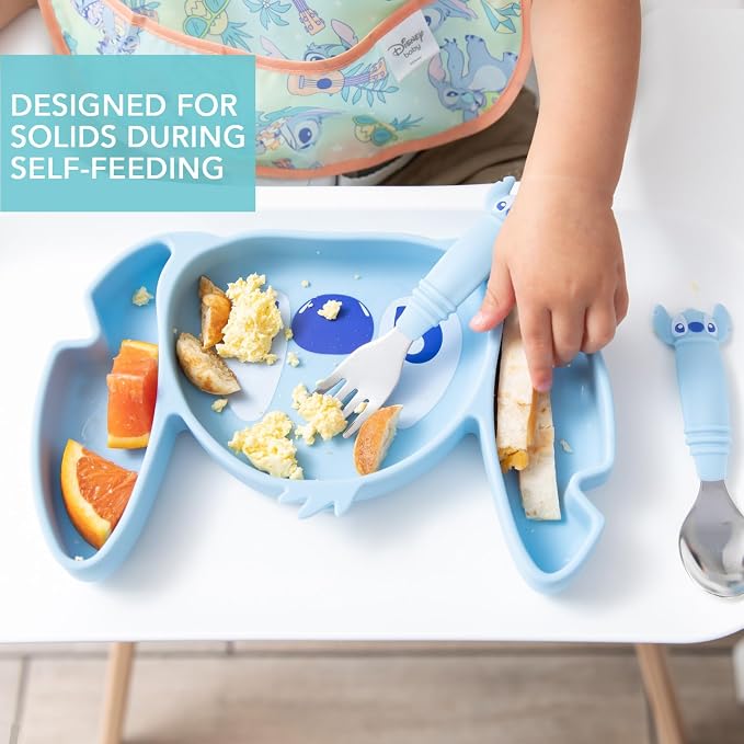 Bumkins Disney Stitch - Silicone Grip Dish, Fork & Spoon - For Ages 18 Months+ - Suction Base - 100% Food-Safe Silicone - Freezer, & Dishwasher Safe