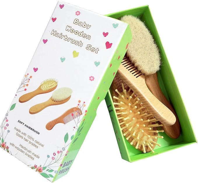 3 Piece Baby Hair Brush and Comb Set for Newborn & Toddlers- Natural Wooden Hairbrush with Soft Goat Bristles for Cradle Cap - Perfect Scalp Grooming Product for Infant, Toddler, Kids, Baby