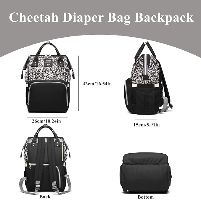 Leopard Print Diaper Bag Backpack Multi-Function Diaper Bag for Baby Care Waterproof Travel Baby Bag for Mom Gray