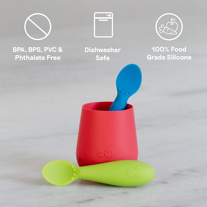 ezpz Tiny Cup (Blue) + Tiny Spoon (2 Pack in Pewter) - baby essentials, cup and spoon