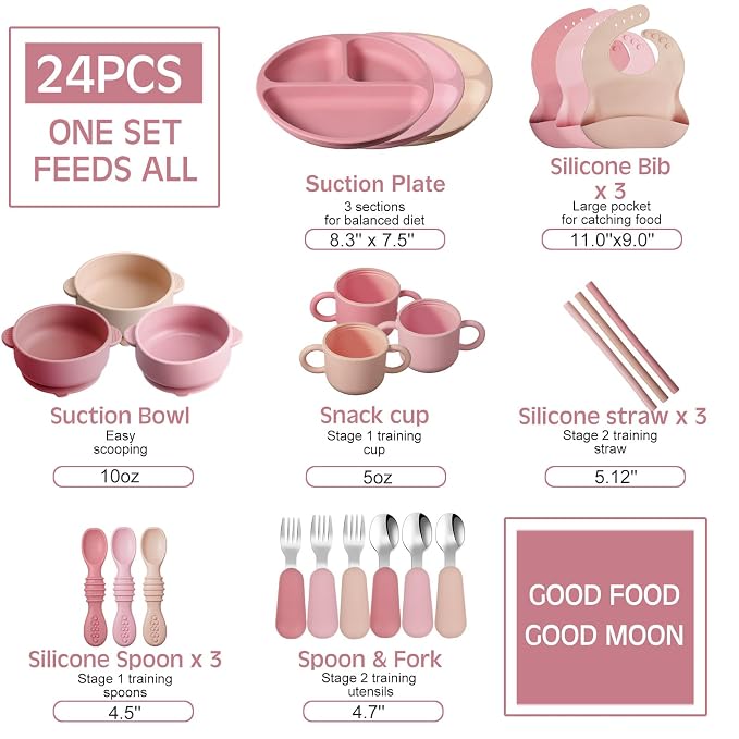 Yinder 24 Pack Silicone Baby Feeding Set Baby Led Weaning Essentials Suction Divided Plate Bowl Spoon Fork Adjustable Bib Snack Cup Straw for 6+ Months(Dark Pink, Dusty Pink, Peach Color)