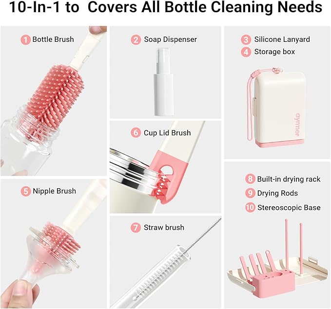 Aynmer Baby Bottle Brush, 10 in 1 Travel Baby Bottle Cleaner Brush Set with Silicone Brush, Nipple Brush, Straw Brush, Soap Dispenser, Portable Drying Rack, Breast Pump & Bottle Cleaning Kit - Pink