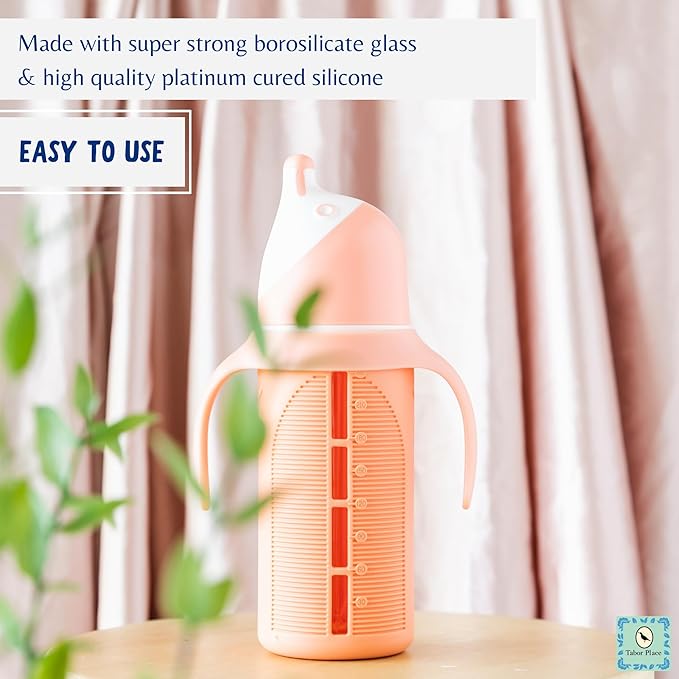 Tabor Place Set of 2 - Glass Sippy Cup for Toddlers - The Luca | Spill-Proof | Silicone Straw | Mint Green & Orange | 8 oz | Liquids Never Touch Plastic | Removable Handles??(orange)