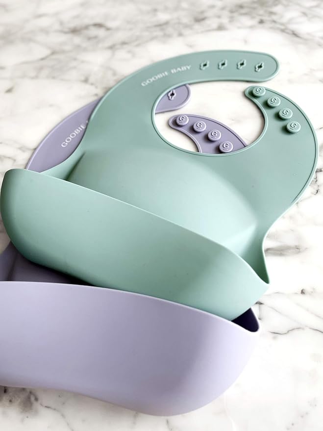 Goobie Baby Silicone Baby Bib with Food Catcher - Adjustable Waterproof Feeding Bib for Babies & Toddlers 4 to 36 Months for Girl and Boy - Modern, Soft, Easy to Clean (2 Pack – Sea Glass/Lilac)