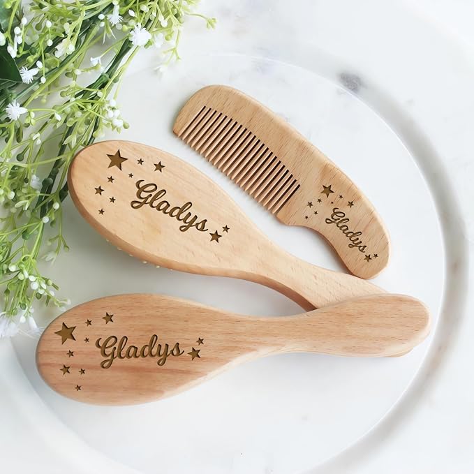 Custom Name Baby Brush and Comb Set, Personalized 3-Piece Wooden Hairbrush Kit for Newborns, Soft Goat Hair Bristles, Baby Registry & Shower Gift