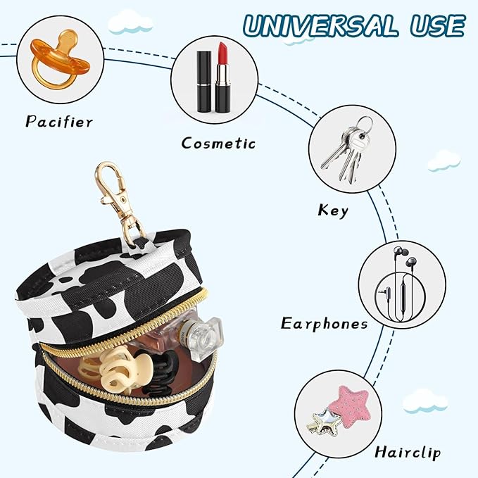 Cow Pattern Polyester Pacifier Holder Case Portable Container Accommodate Baby Binky Cover Pouch Pacifiers Storage Case with Circular Buckle