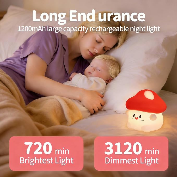 Cute Mushroom Night Light with RGB Flashing Color Squishy Soft Silicone, USB Rechargeable, Long Battery Life, Soft Squishy, Dimmable Brightness - Bedroom Decor, Gifts Decor for Kids & Adults