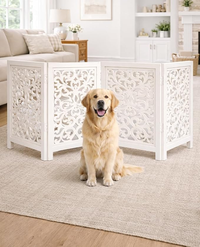 Free Standing Dog Gate – 4 Panel Foldable Wooden pet gate Indoor 72" W x 24" H, Hand-Carved Solid Wood & MDF, Portable Indoor Gate for Doorways, Halls, Stairs – Fully Assembled, Antique White