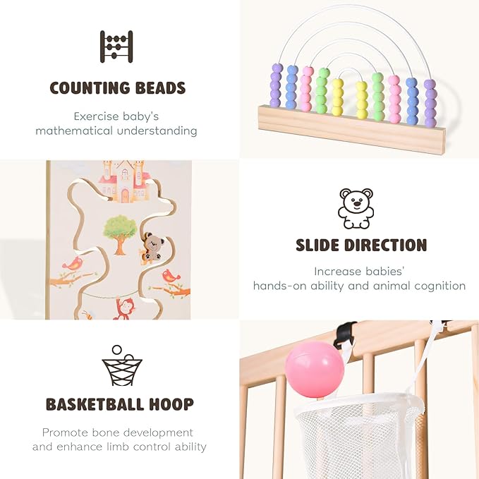 Ulnxiy Foldable Wooden Baby Playpen Activity Center,Adjustable Size & Shape Portable Play Yard, Baby Fence Play Area with Gate for Indoor Use for Babies and Toddlers(56x56x24inches)