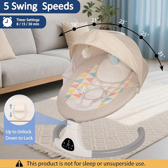 JFOVMCYG Electric Baby Swing for Infants 0-9 Months, Portable Infant Swing with 5 Speeds, Bluetooth Audio, Remote Control, USB Power Cable & Adapter Included, Lvory White, Up to 20 lbs