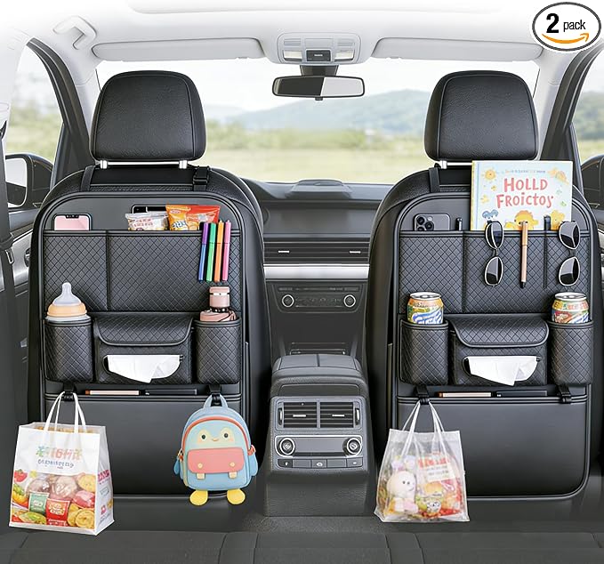 2-Pack Backseat Car Organizers with Hooks - Hanging Car Seat Back Organizers for Toys, Tablets, Books & Tissues - Hanging Car Back of Seat Storage Bags for Kids Toddlers, Black Leather Car Kick Mats