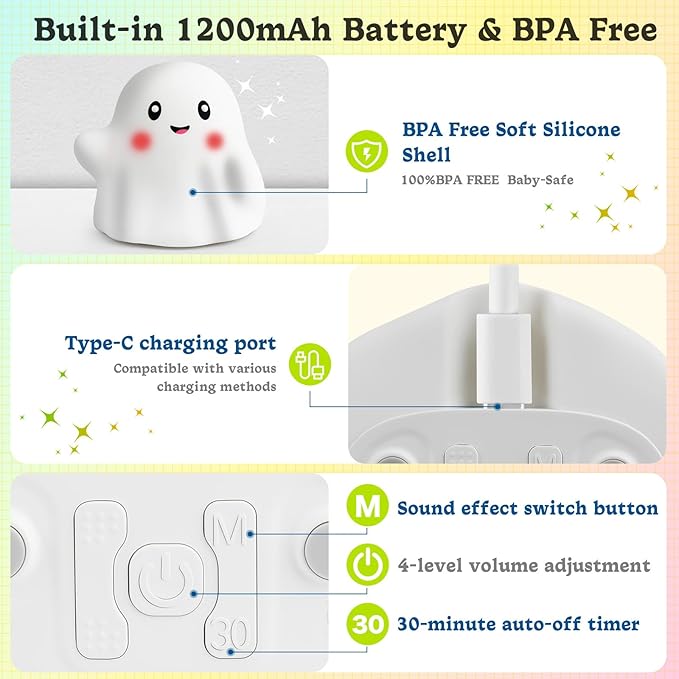 Rechargeable Night Light for Kids, RGB Ghost Night Lights 30-Min Timer/9 Sounds/9 Sleep Music/Touch Sensor, Multi-Color Silicone LED Night Lamp for Bedroom Nursery Room Christmas Decor