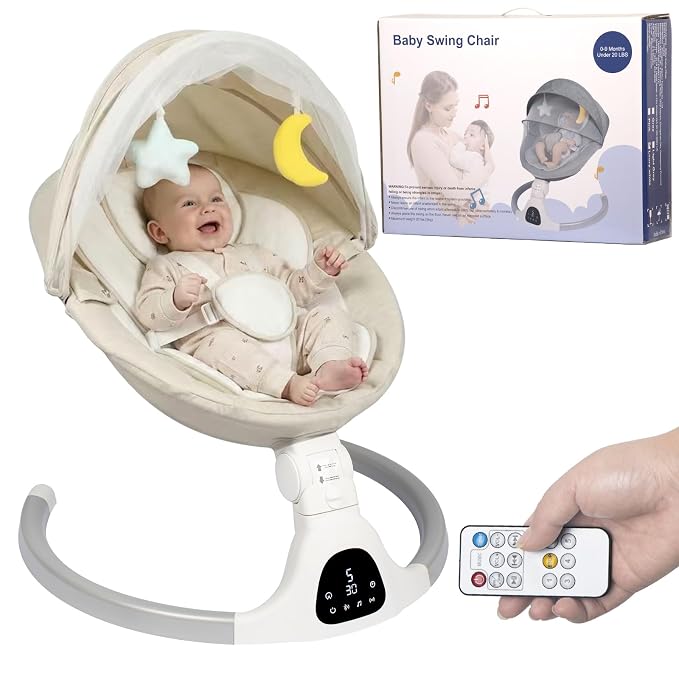 JFOVMCYG Electric Baby Swing for Infants 0-9 Months, Portable Infant Swing with 5 Swing Speeds, Bluetooth Audio, Remote Control, Washable Seat Cover, Lvory White, Up to 20 lbs