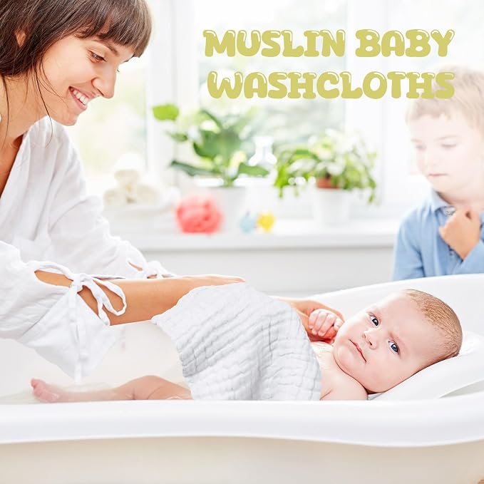 Chumia 30 Pcs Baby Muslin Washcloths Muslin Burp Cloths Baby Towel Natural Cotton Burp Cloths Wipes Soft Newborn Face Towel Absorbent for Face Bath Shower, 12 x 12'' (White)