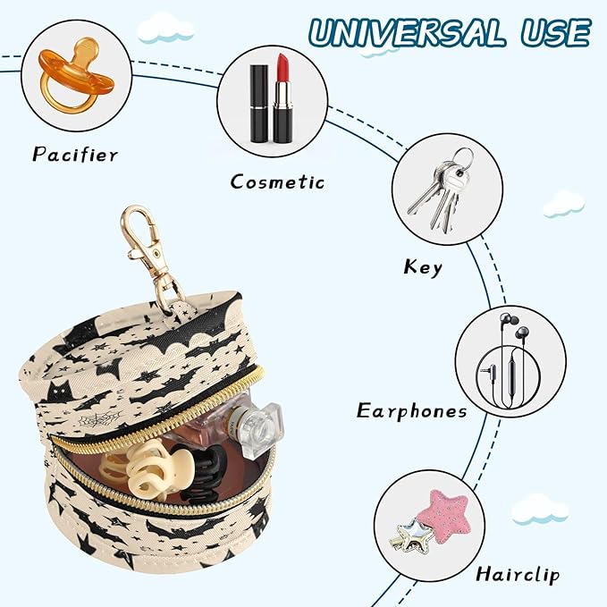 Pacifier Holder with Clip Pacifier Case for Diaper Bag Round Baby Pacifier Pouch Box Bag Portable White Halloween Bats Stars