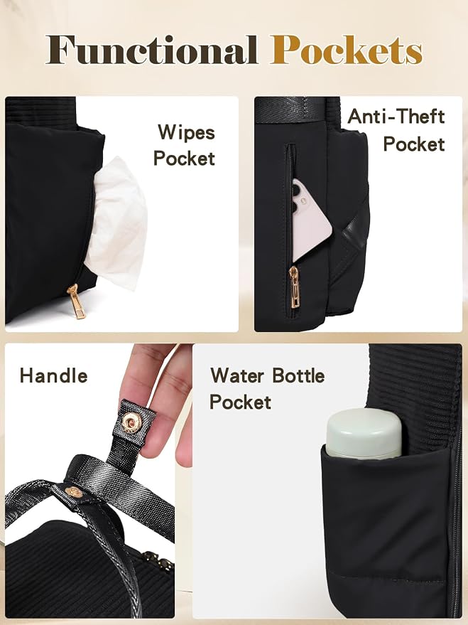 MOMINSIDE Diaper Bag Backpack - Baby Essentials Travel Tote - Baby Diaper Bag, Travel Essentials Baby Bag Diaper Bags with Changing Pad, Stroller Straps，15 Pockets,4 Insulated Pockets,Black