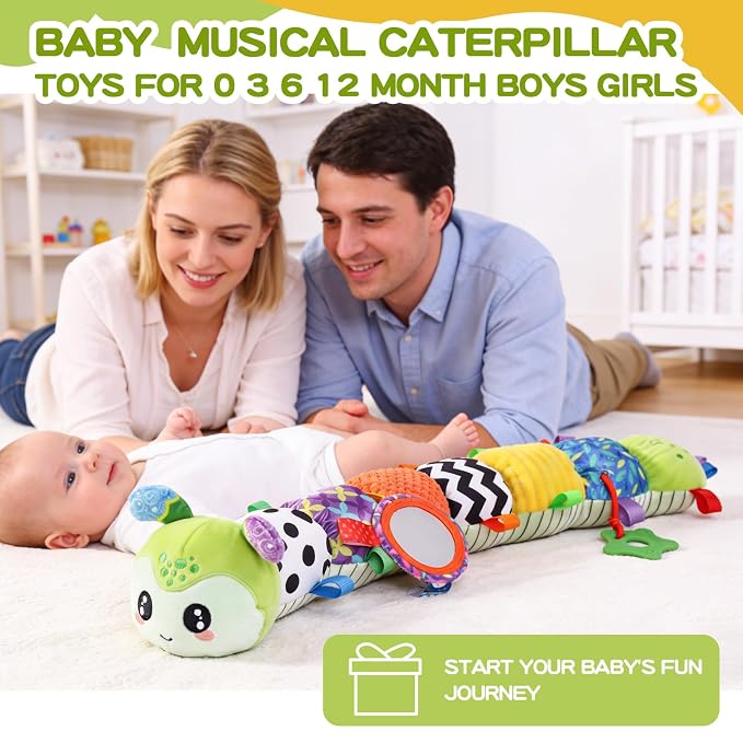 Baby Toys 0-6 Months, Musical Toys for Green Caterpillar, Infant Stuffed Animal Soft Sensory Toys with Crinkle、 Rattles and Textures, Tummy Time Toys for Newborn Boys Girls 0 3 6 12 Months