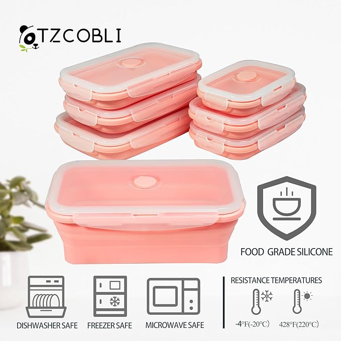 Plus 6PCS Foldable Silicone Food Storage Containers for Kitchen Storage for Leftovers Fruits and Meal Prep Dishwasher Safe Microwave Safe Ideal for Home and Travel (Pink, square)