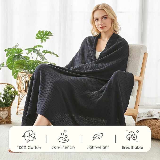 EMME Cotton Muslin Large Throw Blanket Couch 4-Layer Breathable Gauze Blanket Soft Lightweight Bed Blankets Adults (Black, 50"x71")