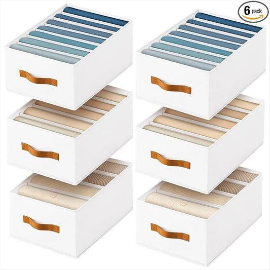 Homsorout Clothes Organizers and Storage - 4/5/7 Grids Fabric Jeans Organizer with Handles, Foldable Closet Organizers Dividers, Wardrobe organizer for Pant, Sweater, T-shirt, Scarf, 6 Pack, White
