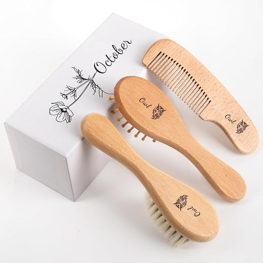 Personalized Baby Hair Brush & Comb Set with Soft Goat Bristles,Custom Laser Engraved Name,Newborn Grooming Kit with Birth Flower Gift Box (October)