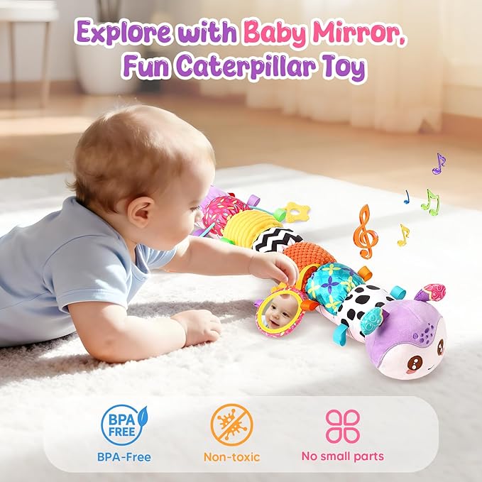 Baby Sensory Toys for 0-6 6-12 Months, Musical Stuffed Caterpillar Animal Toys for Infant 3 6 9 12 18 Months, Tummy Time Toys with Mirror Rattle Crinkle for Newborn Boys Girls Shower Gifts