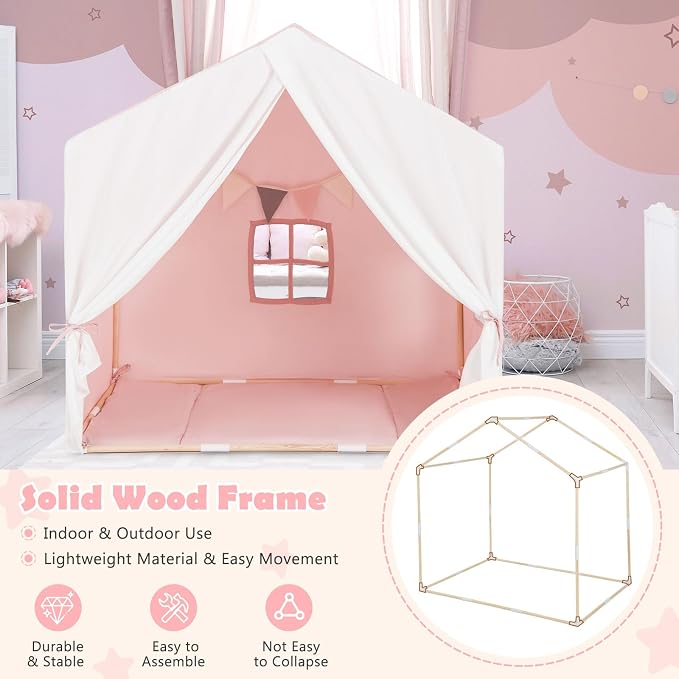 HONEY JOY Kids Play Tent, Toddler Tent Indoor Playhouses with Mat, Windows, Curtain, Solid Wood Frame, 52" x36" x 52", Large Children Princess Castle Play Tent for Boys Girls (Pink)