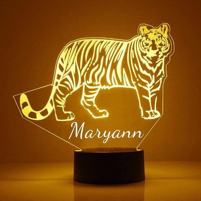 Personalized Tiger LED Sign Night Light Lamp with Remote, Custom Text, Acrylic Display with 16 Colors & 4 Modes, Battery or USB Power, Made in The USA