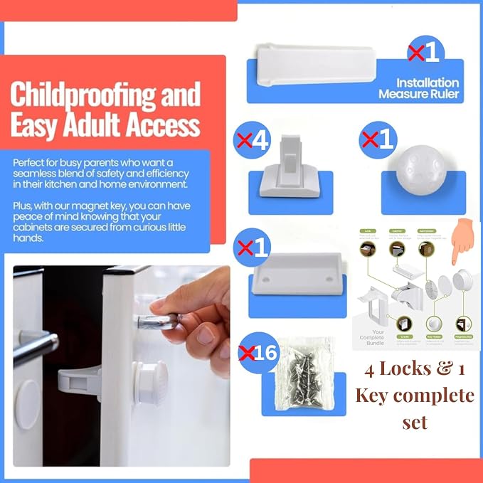 Little Lovlies™ Magnetic Child Safety Cabinet Locks – Easy Install, No-Drill, Strong 3M Adhesive, 4 Locks + 1 Key, Ideal for Cabinets, Drawers, and Furniture – White