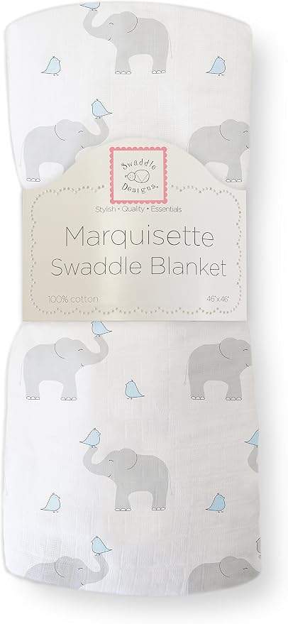 SwaddleDesigns Marquisette Receiving Swaddle Blanket for Baby Boys & Girls, Soft Premium Cotton Muslin, Best Shower Gift, Elephant and Pastel Blue Chickies, Parent Picks Award Winner Small