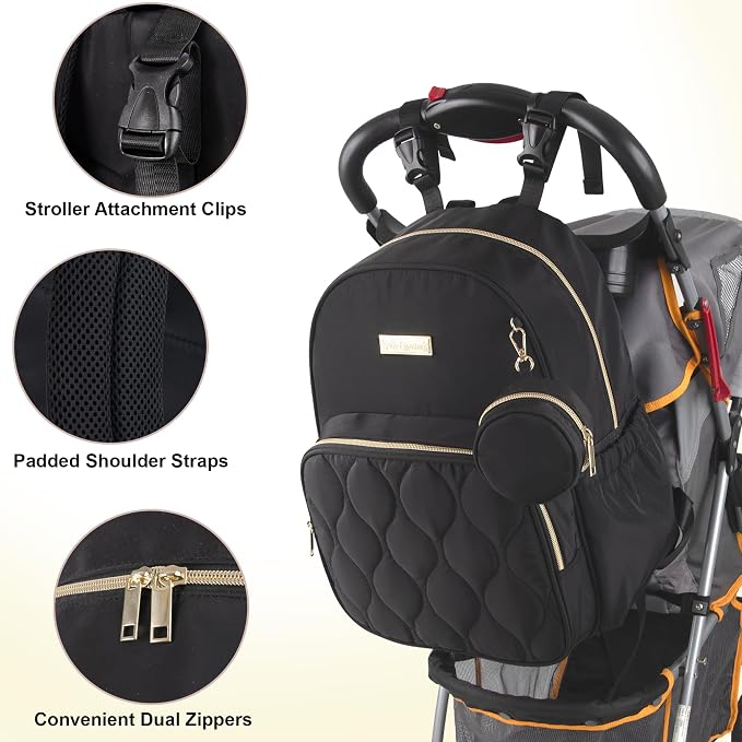 Baby Essentials 3 in 1 Diaper Bag Backpack, Changing Pad & Pacifier Pouch for Newborns, Infants, Toddlers - Quilted, Smooth, Sheek, Padded in Design, Black