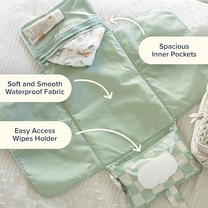 Tiny Twinkle Portable Diaper Changing Pad | Waterproof, Wipeable & Compact Baby Changing Pad for Travel | Smart Wipes Pocket & Organized Storage| Newborn Shower Gift (Blue Checkers)