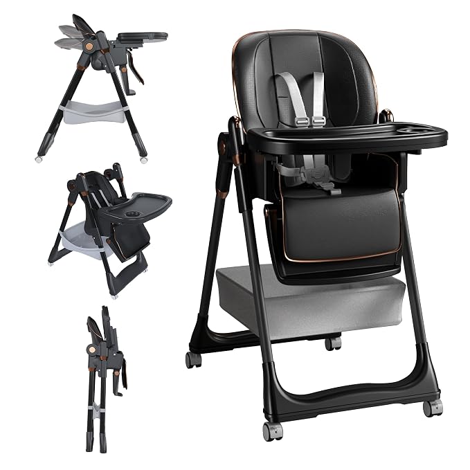 3-in-1 Foldable High Chair for Babies & Toddlers, Adjustable Height, Reclining Seat, Wheels with Safety Locks, Removable Tray, Space-Saving Multifunctional Baby Dining Chair (Black)