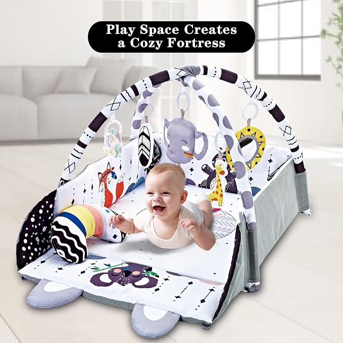 Baby Gym Play Mat, 8-in-1 Tummy Time Mat & Activity Gym, Washable Ball Pit, Infant Play Mat with Detachable Toys for Sensory Exploration and Motor Skill Development