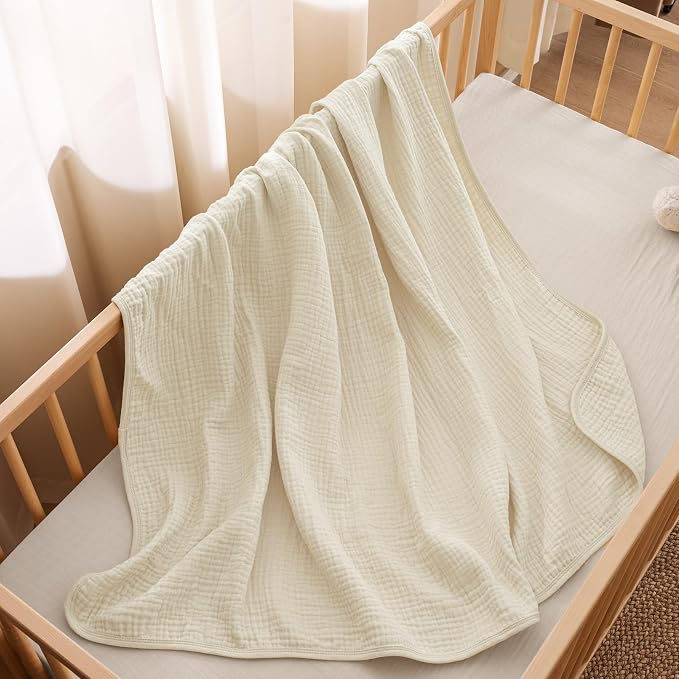 PHF Baby Muslin Swaddle Blanket, 100% Cotton Soft Breathable Receiving Blankets for Boys and Girls, 4-Layer Swaddle Wrap Burping Clothes, Baby Essentials, Large 47 x 47 inches, Beige/Birch